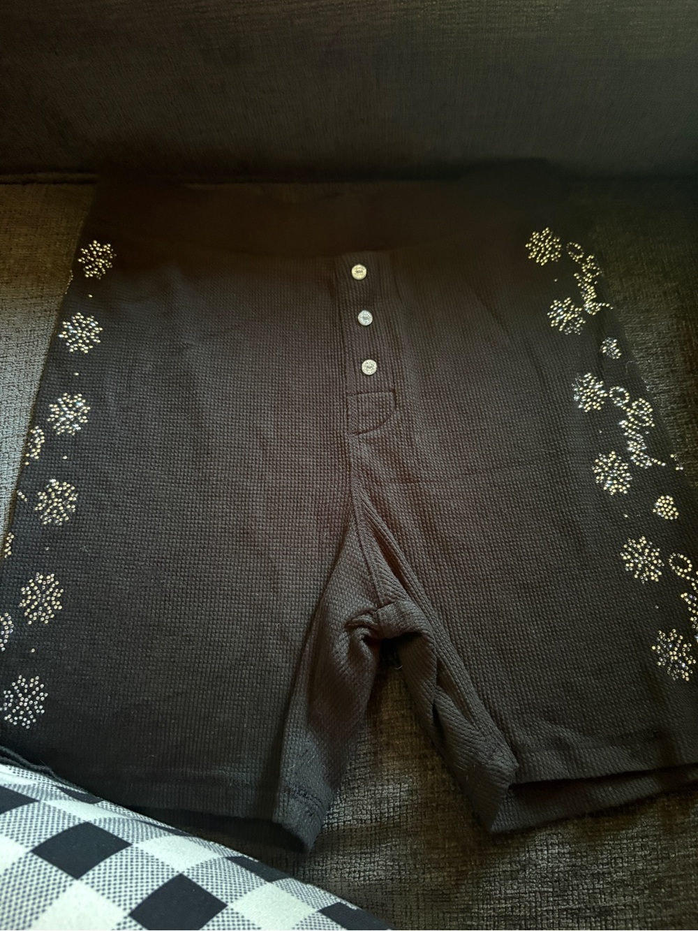 Black Women's Waffle Knit Button-Front Shorts with Embellished Sides